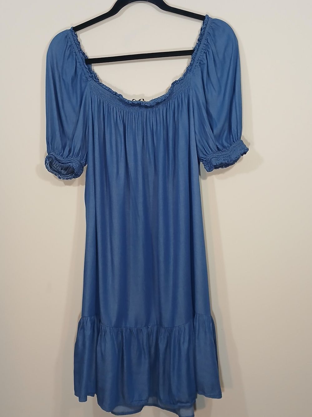 California Bay Co Blue Off Shoulder Peasant Dress Women’s Medium Boho Chambray - Picture 3 of 10